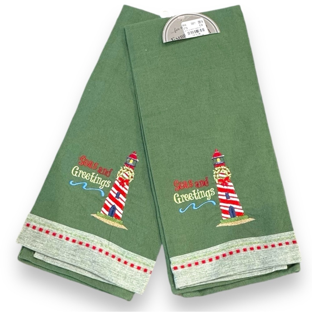 NWOT “Seas and Greetings” Set/2 Embroidered Lighthouse Green Cotton Tea Towels